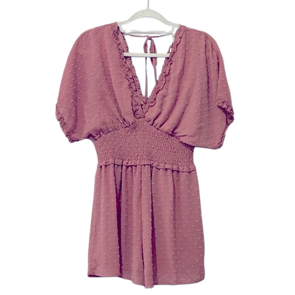 NEW She + Sky Mauve Swiss Dot Romper with Puff Sleeves M medium NWT Lined Soft